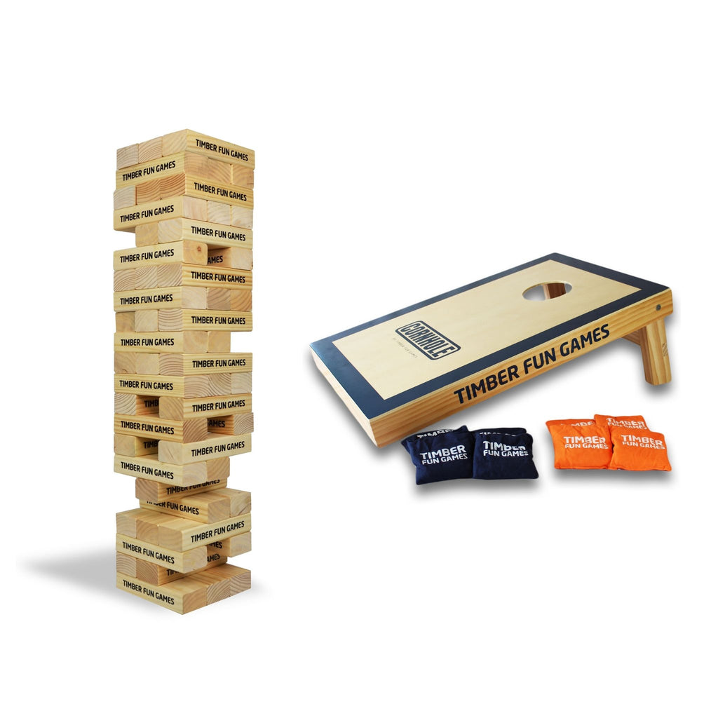 Timber Fun Games Favourites Package 2 Giant Jenga Tumble Tower Cornhole Bag Toss GameLawn Garden Party Family