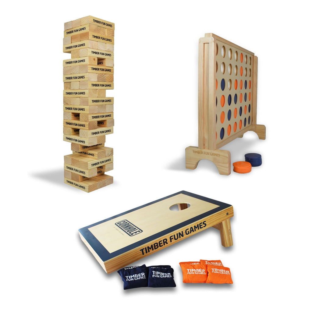 Timber Fun Games Heros Package Giant Jenga Tumble Tower Connect 4 4 In A Row Cornhole Bag Toss Game