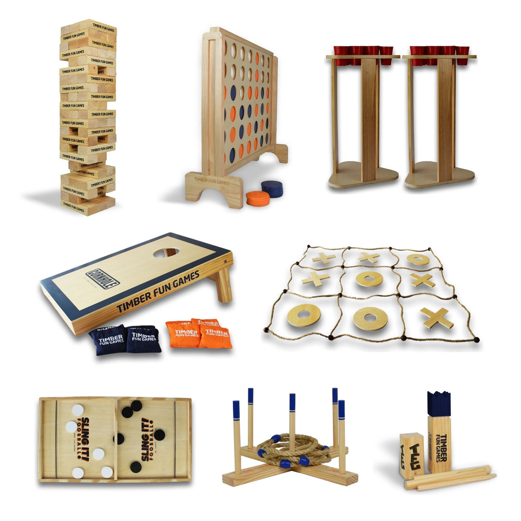 Timber Fun Games Mega Package Giant Jenga Connect 4 Cornhole Noughts and Crosses Porta Pong Ring Toss Kubb Sling It Foosball